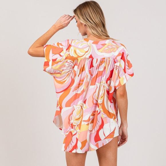 SAGE + FIG Abstract Print Half Button Short Sleeves Oversized Blouse | Coral - Picture 5 of 6